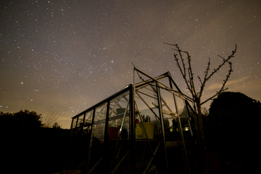 A view of the stars over a greenhouse at night