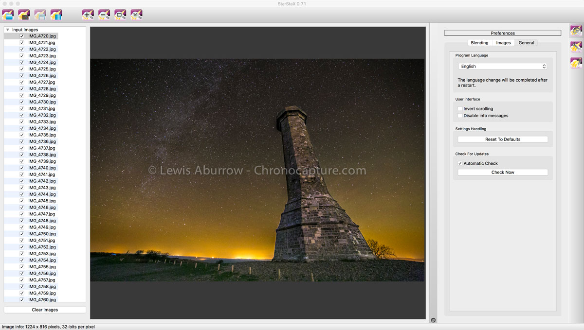 StarStaX main window after loading images
